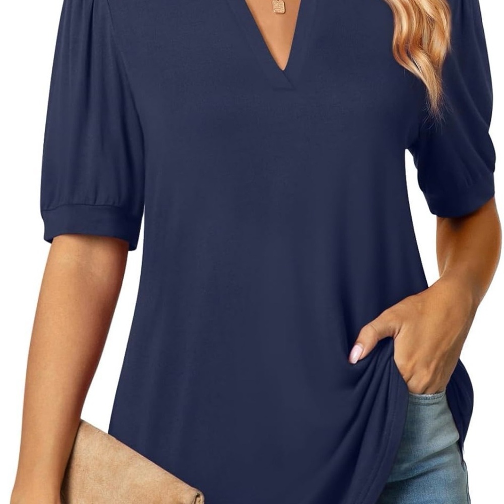 Women's Navy V-Neck Short Sleeve Blouse
